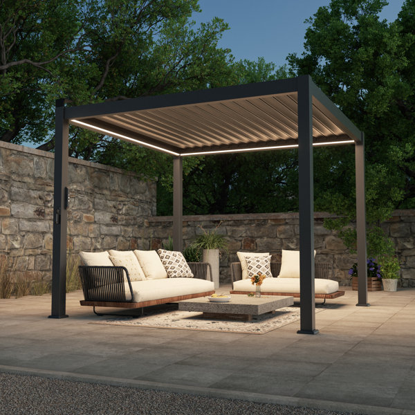 Bonosuki LED LightAluminum Metal Frame Freestanding Patio Pergola Outdoor Louvered Roof Pergola